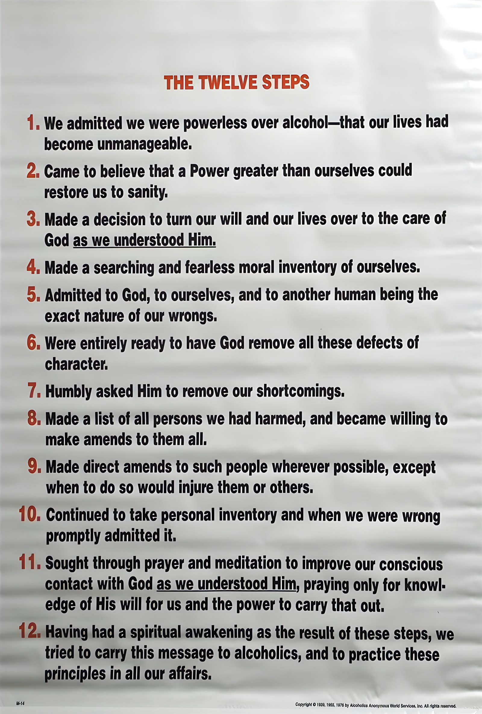Vintage Alcoholics Anonymous poster listing the Twelve Steps